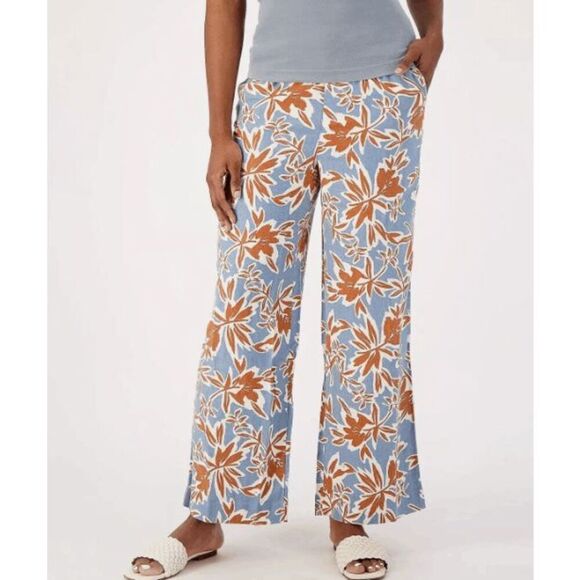 Denim & Co Women Large Natural Print Wide Leg Linen Pants Blue Bayou Floral NWT) - Picture 1 of 4